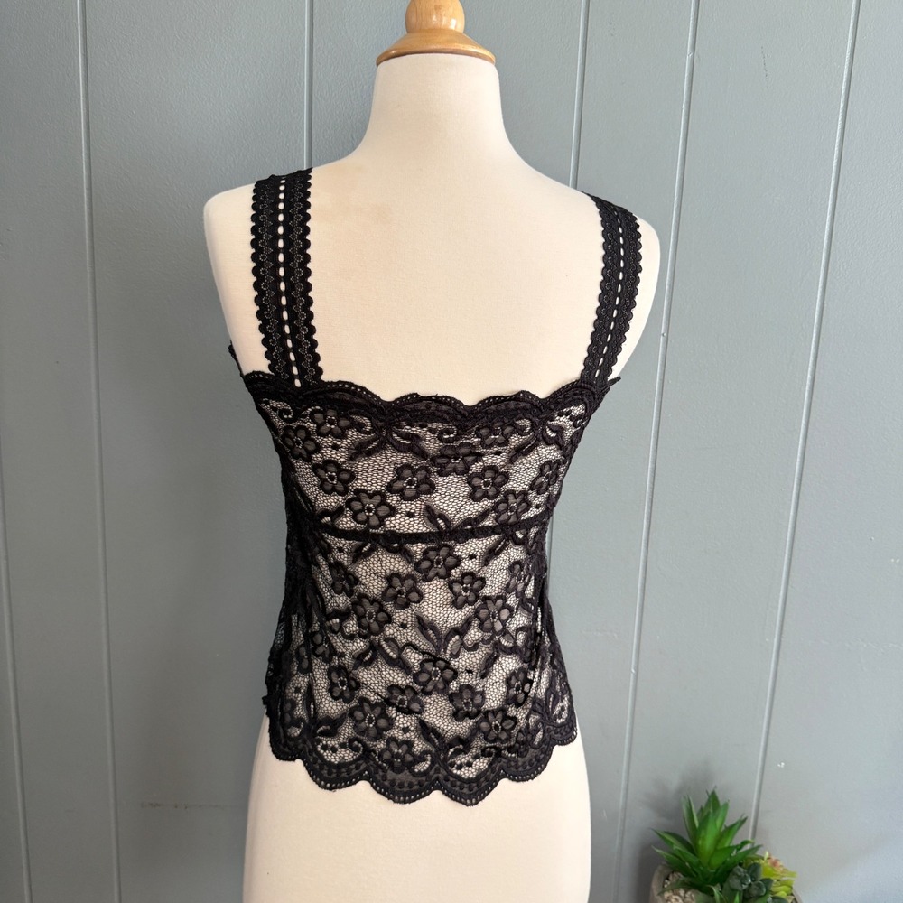 Black Floral Lace Sheer Camisole Top Tank XS-S Trim Strappy Camis Velvet Flowers - Picture 3 of 7